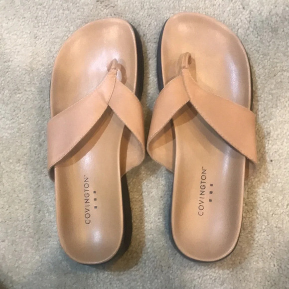 Covington Tan Leather Upper Thong Sandals with 2 inch heel w/Footbed-Size 10M - Picture 2 of 7